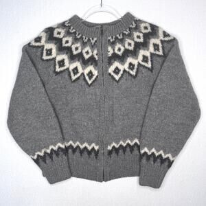 Vintage 1990s L.L.Bean Gray Fair Isle Nordic 100% Wool Zip Cardigan Sweater M